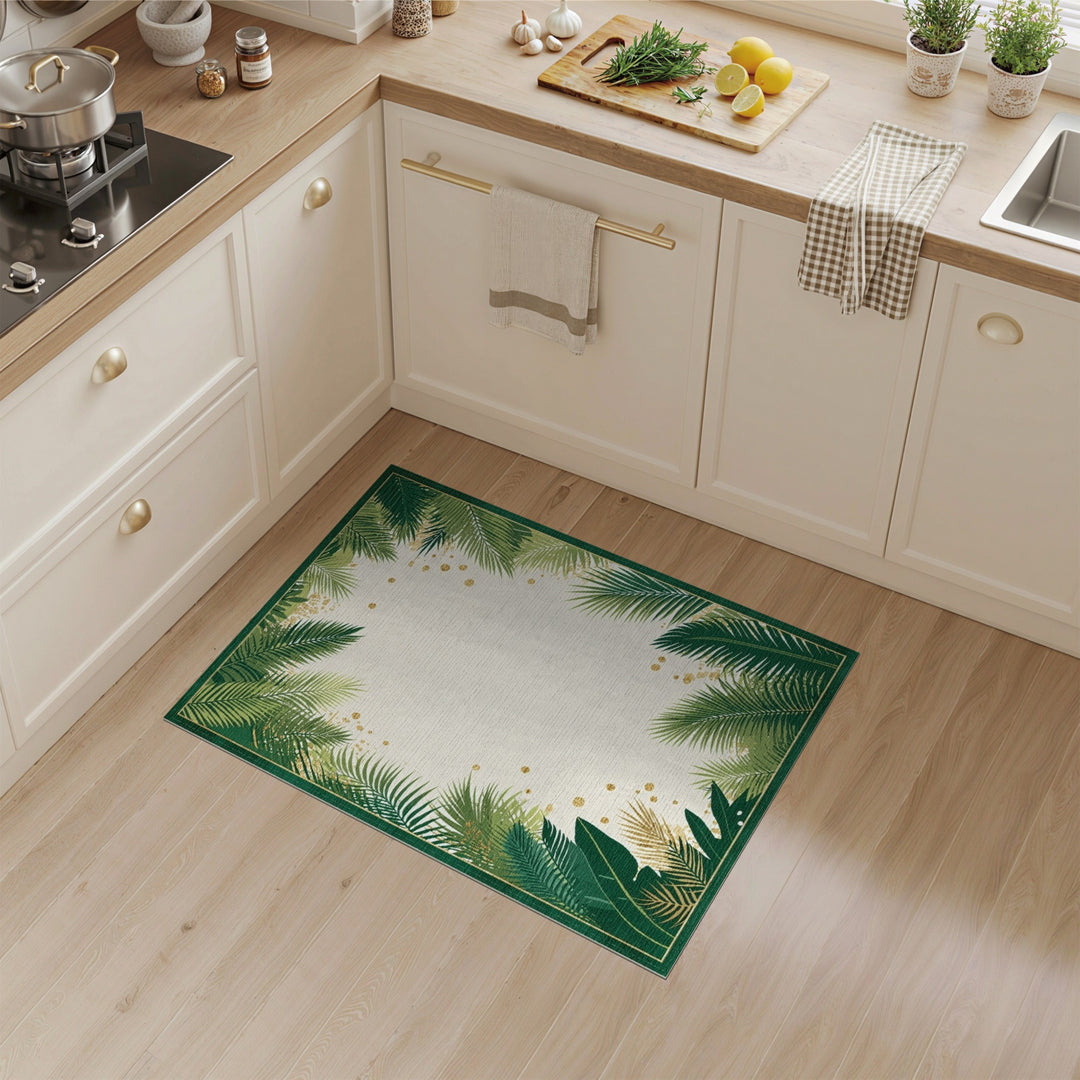Boho Chic Green Palm Leaf Area Rug with Gold Accents