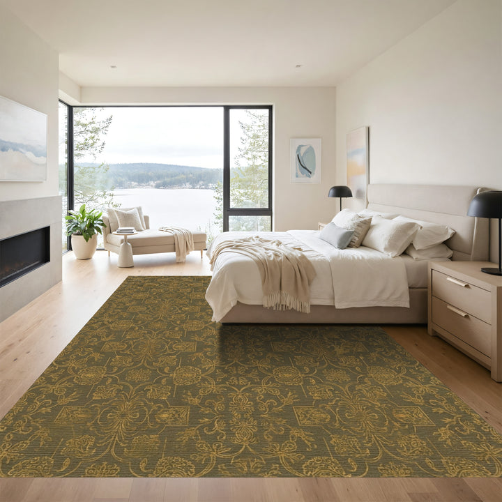 Distressed Gold Floral Damask Accents Rug
