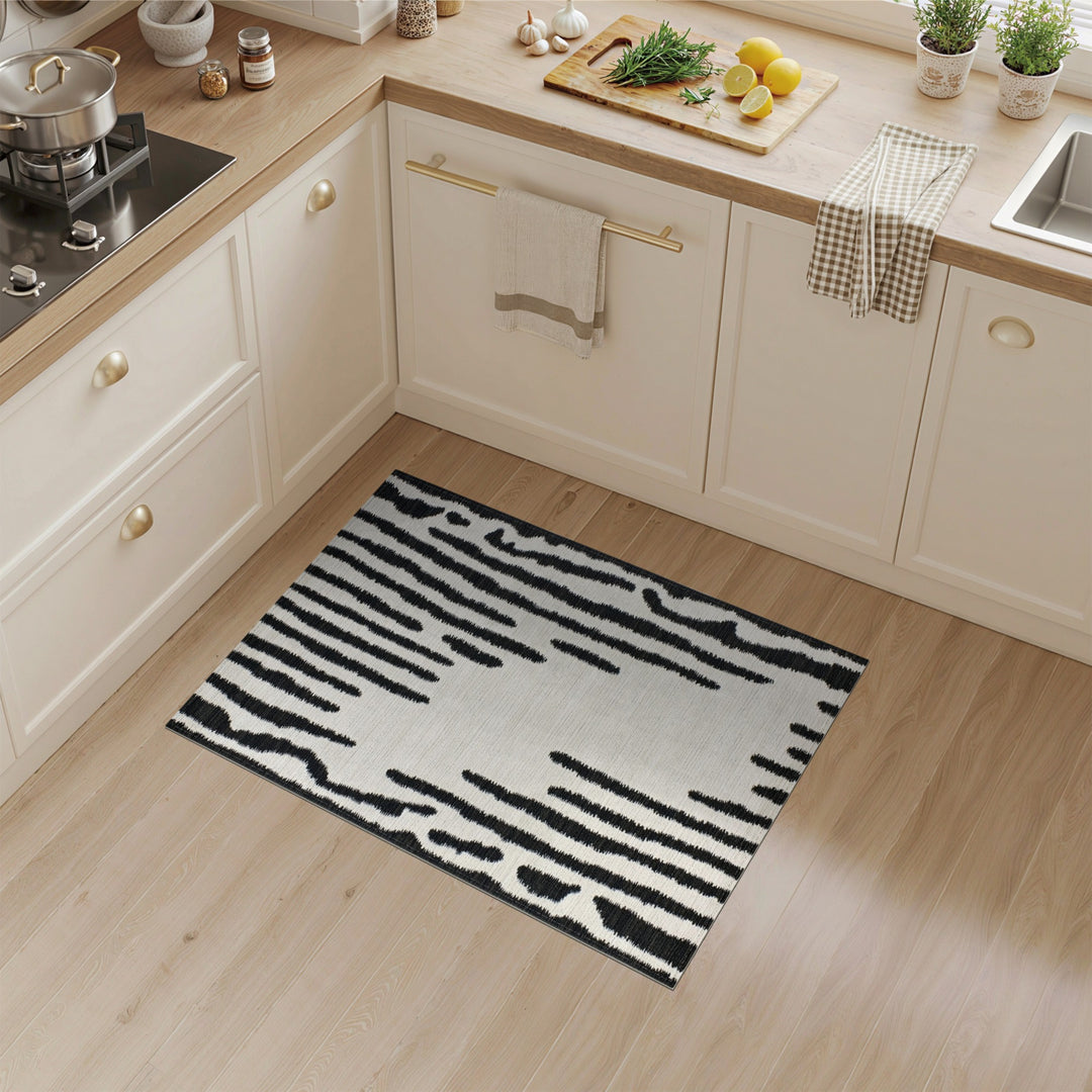 Black White Abstract Vertical Stripe Rug