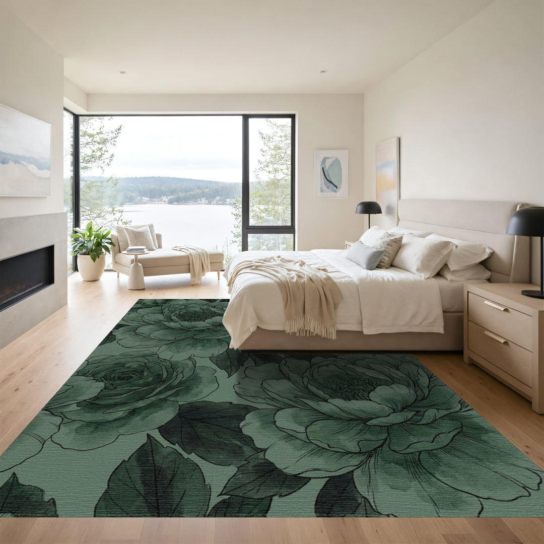 Moody Emerald Peony Floral Rug