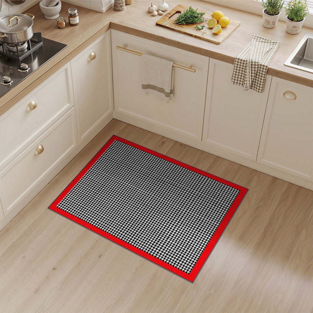 Black White Houndstooth Rug with Red Border