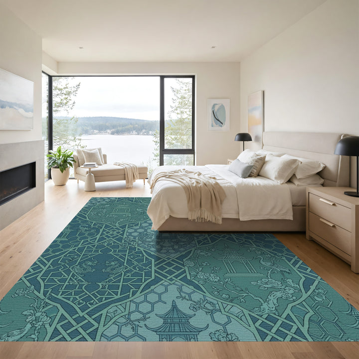 Teal Pagoda Dragon Blossom Lattice Rug