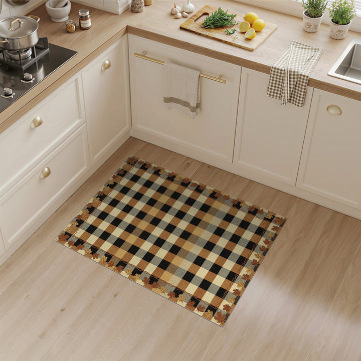 Brown Buffalo Check Area Rug with Leaf Border
