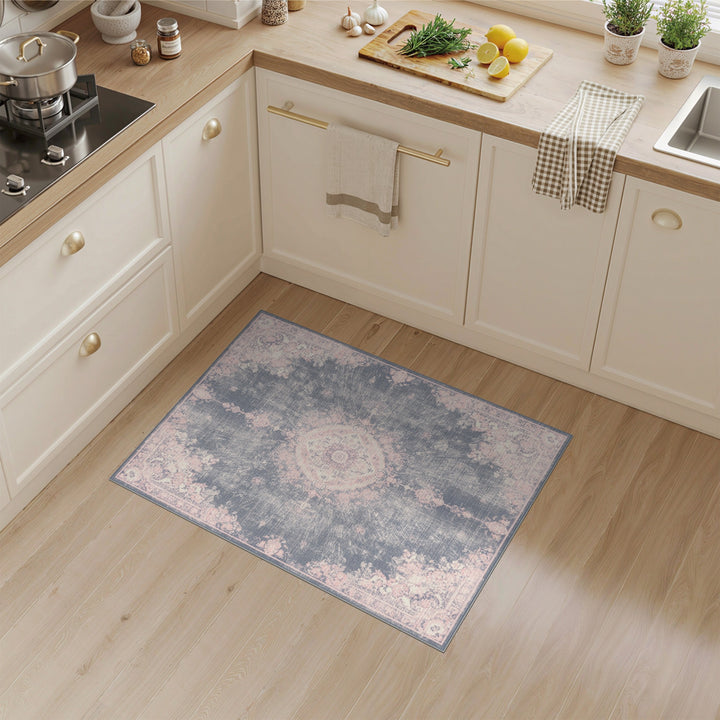 Distressed Vintage Pink Floral Grey Area Rug