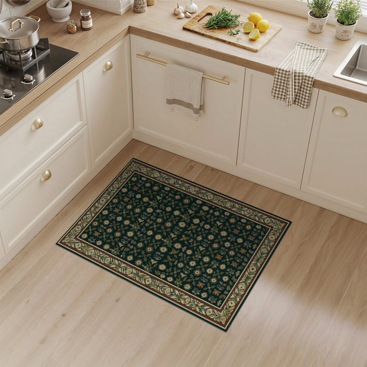 Green Dark Green Floral Vintage Area Rug