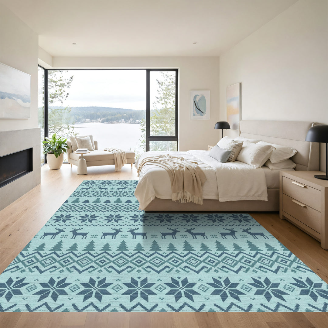 Nordic Blue Deer Snowflake Forest Rug