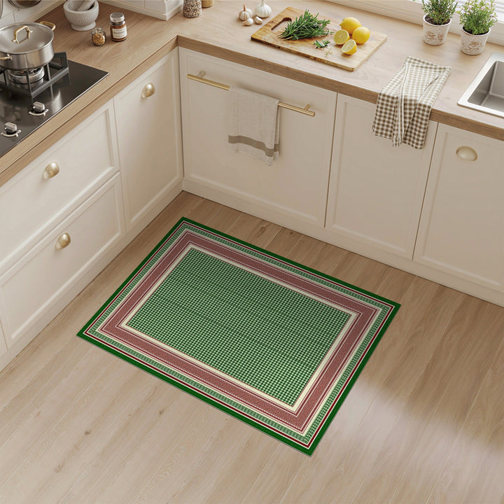 Green Checkered Area Rug with Red Border