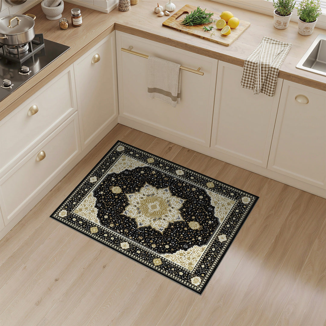 Traditional Persian Black Gold Persian Medallion Area Rug
