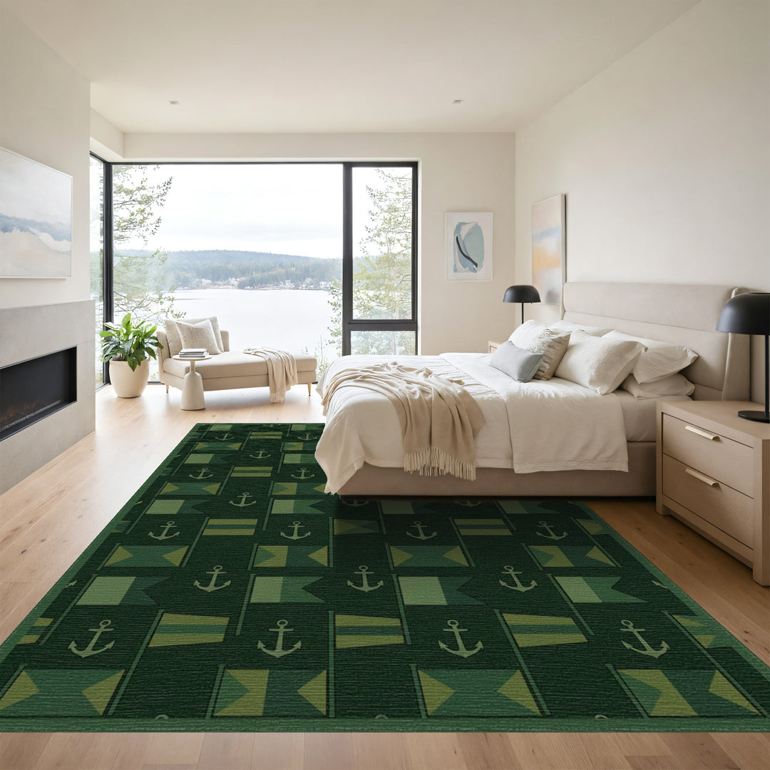 Maritime Navy Green Flags Anchors Rug