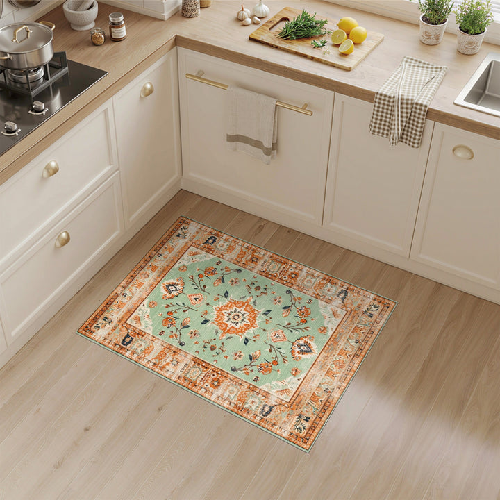 Vintage Green Floral Medallion Area Rug