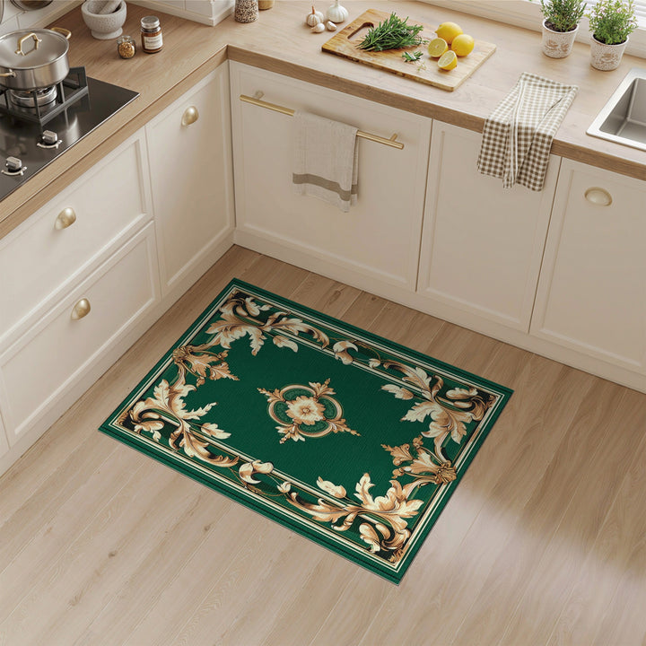 Ornate Gold Floral Medallion Green Area Rug