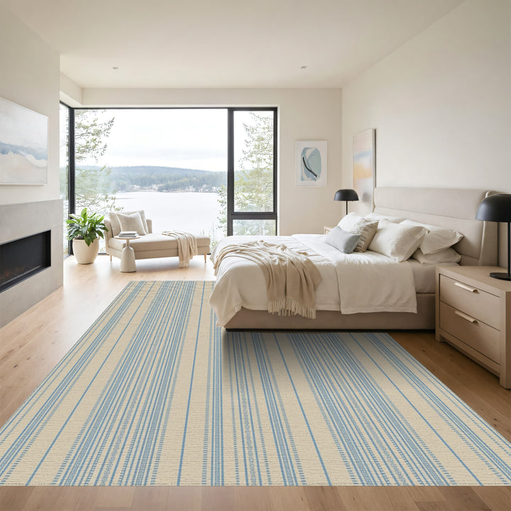 Earthy Blue Vertical Stripe Yarn Dye Rug