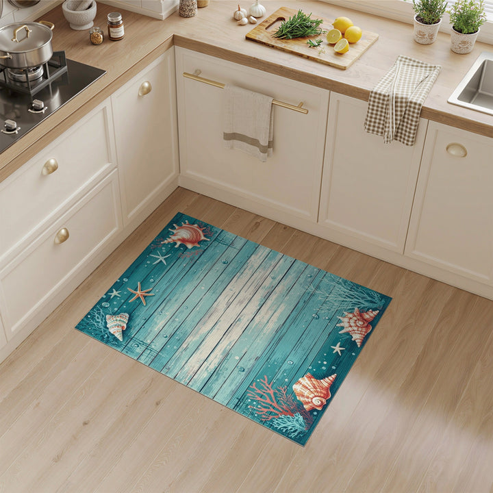 Seashell Starfish Teal Coastal Area Rug