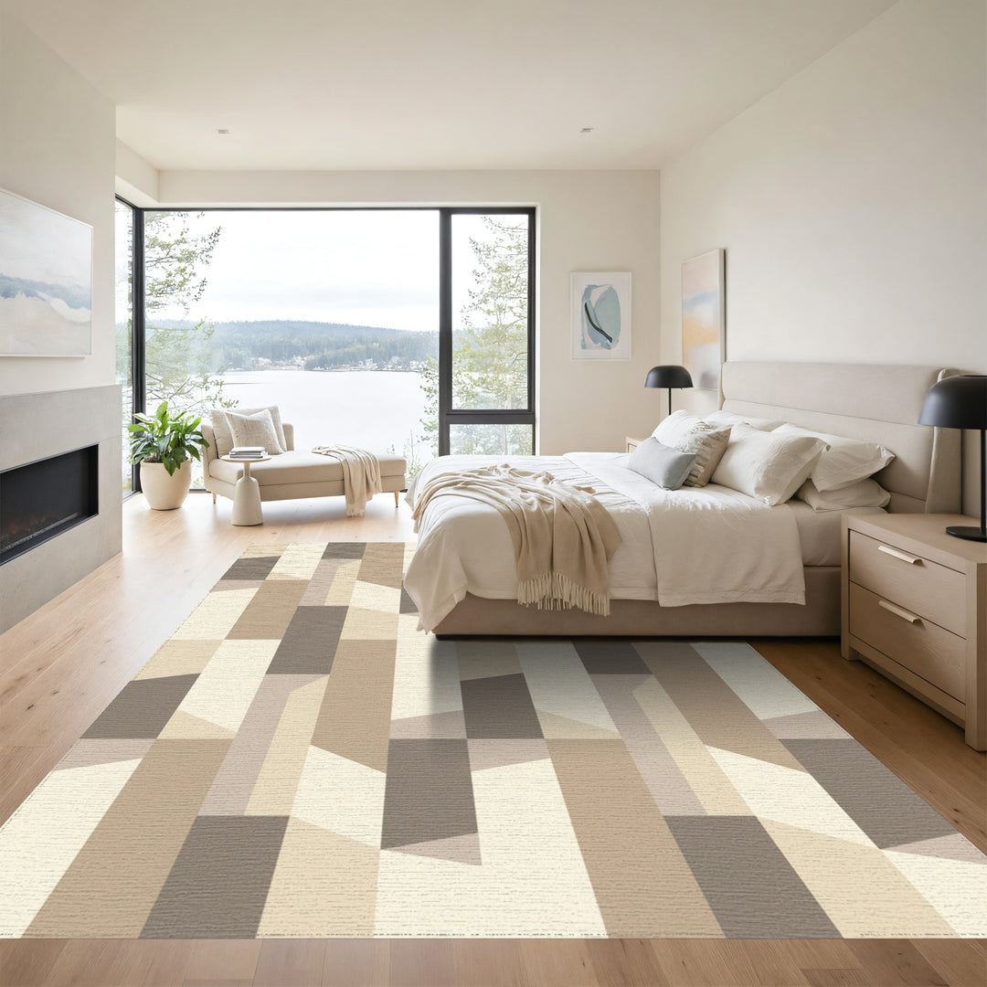 Geometric Beige Wood Block Facade Rug