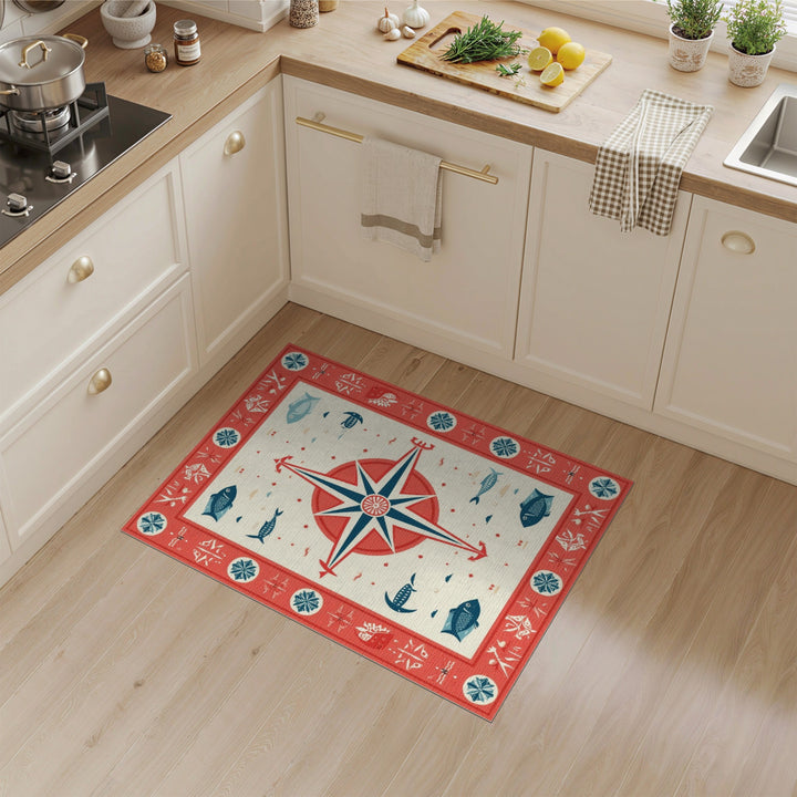 Red Nautical Compass Fish Area Rug