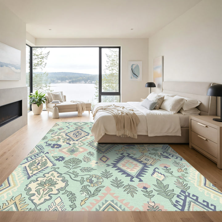 Pale Teal Tribal Diamond Floral Rug