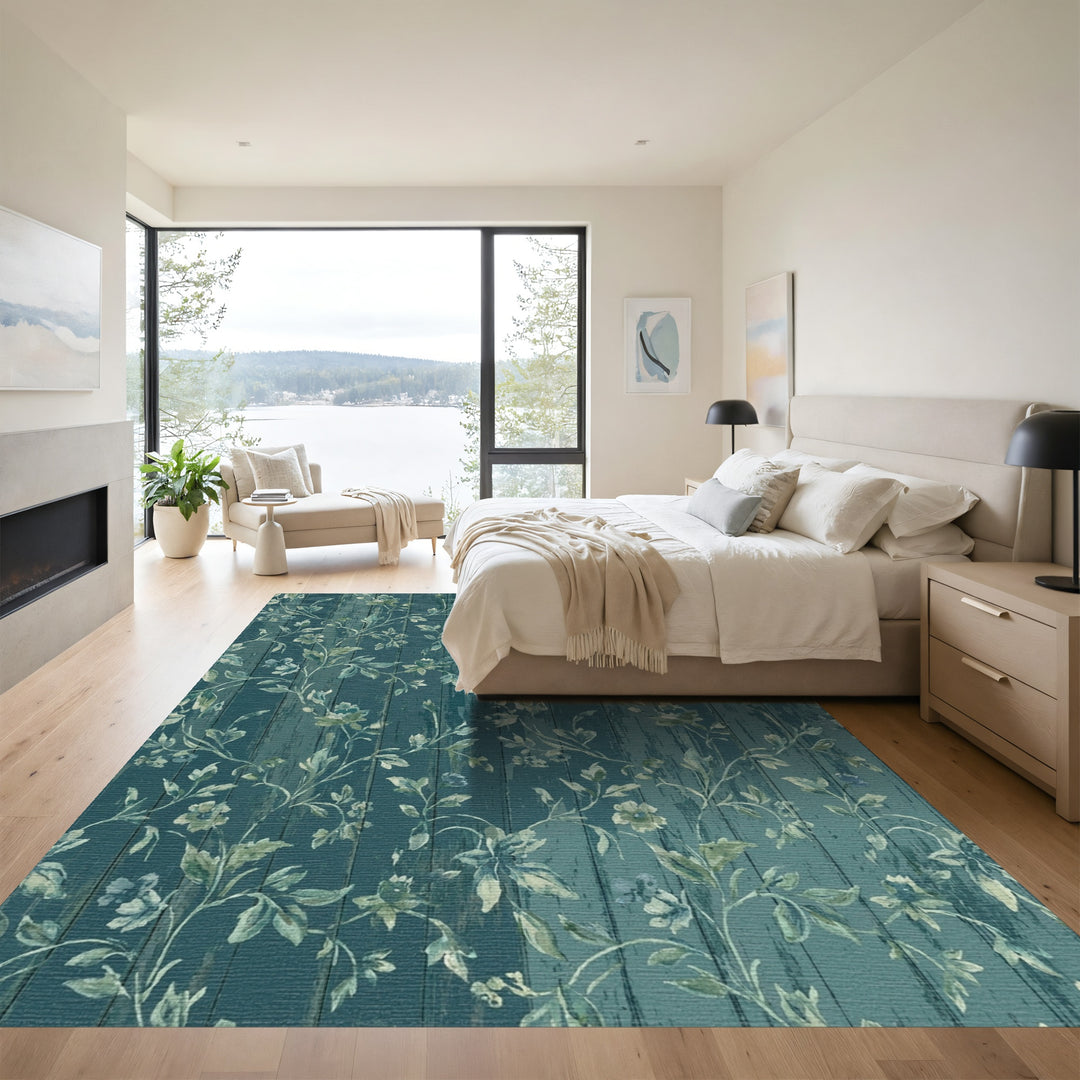 Teal Wood Floral Vine Botanical Rug