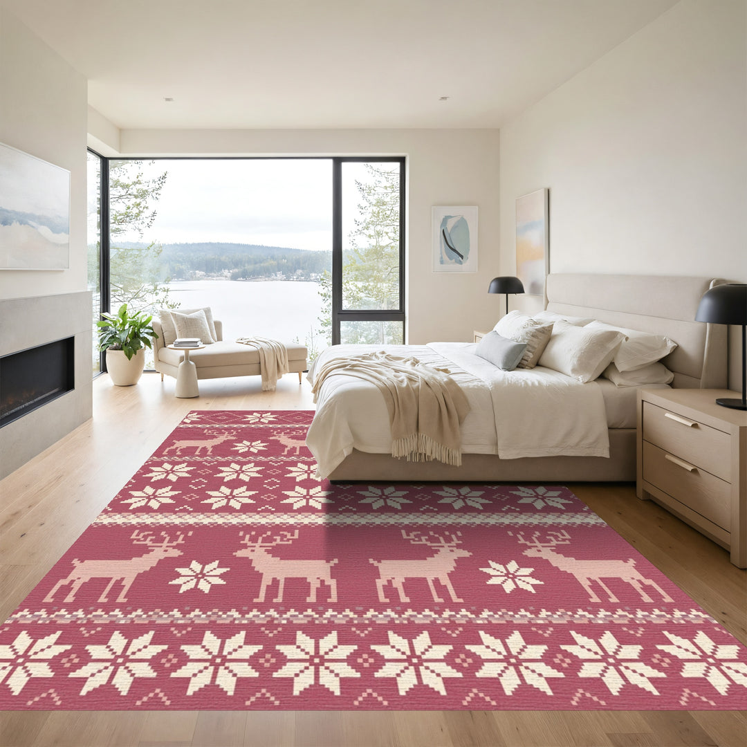 Burgundy Reindeer Snowflake Nordic Stripes Rug