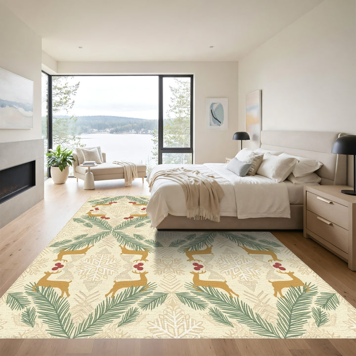 Golden Reindeer Pine Berry Snowflakes Rug