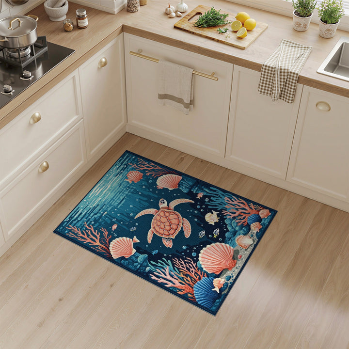 Sea Turtle Coral Washable Area Rug