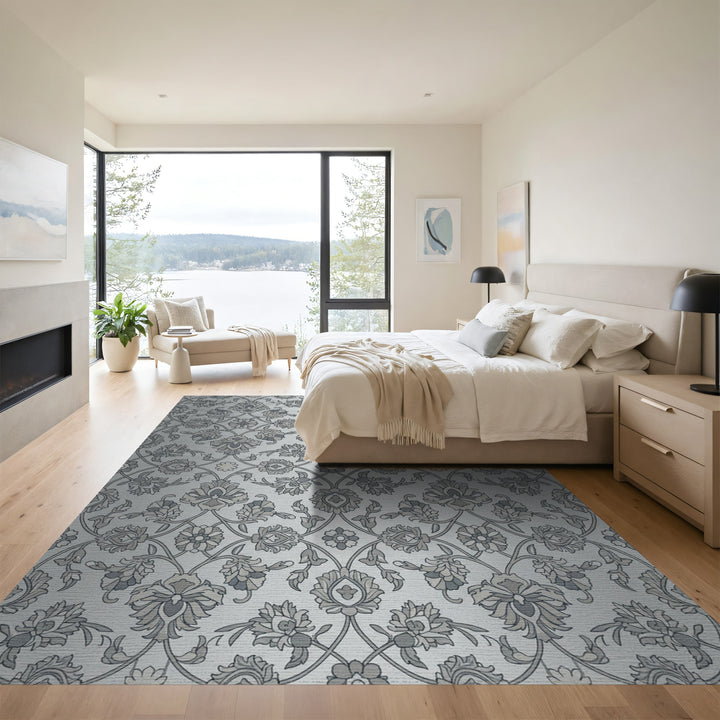 Silver Gray Vintage Floral Damask Rug