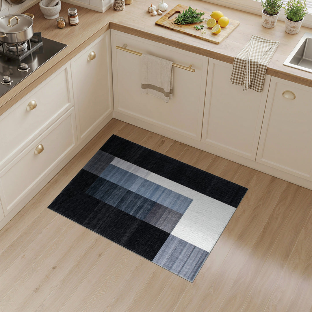 Black White Blue Geometric Area Rug