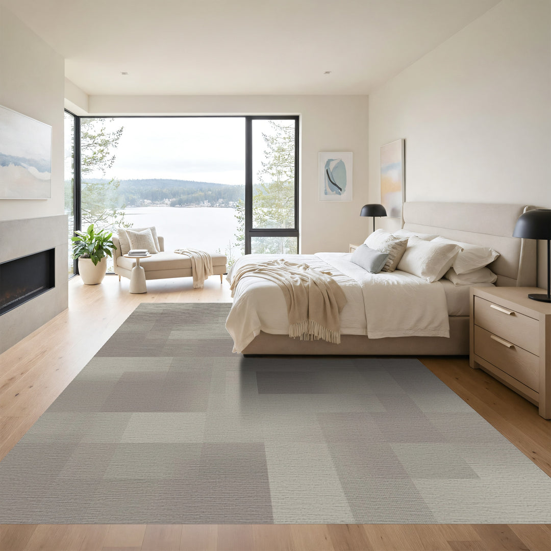 Neutral Tone Geometric Pixelated Overlay Rug