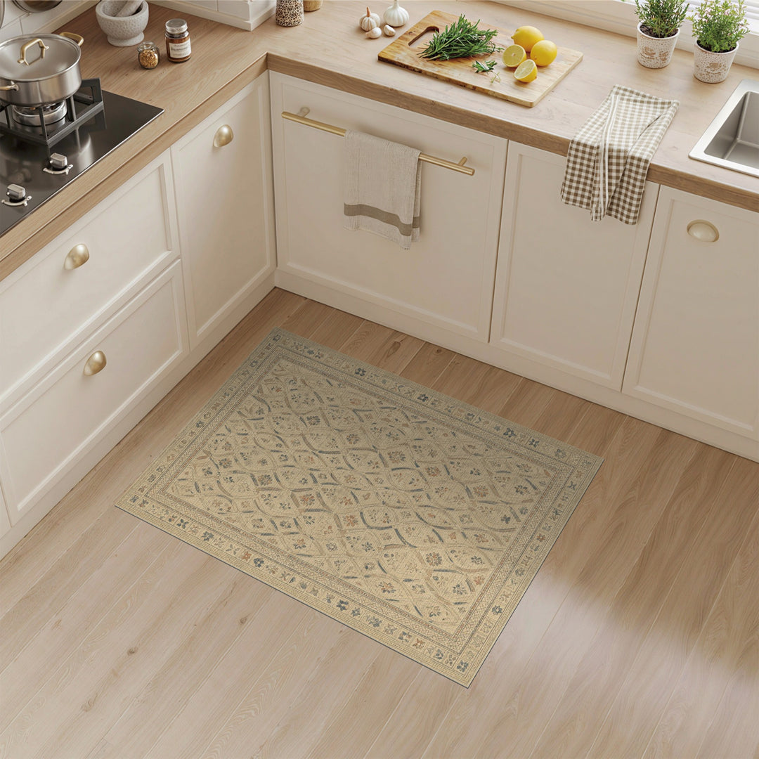 Beige Distressed Floral Lattice Rug