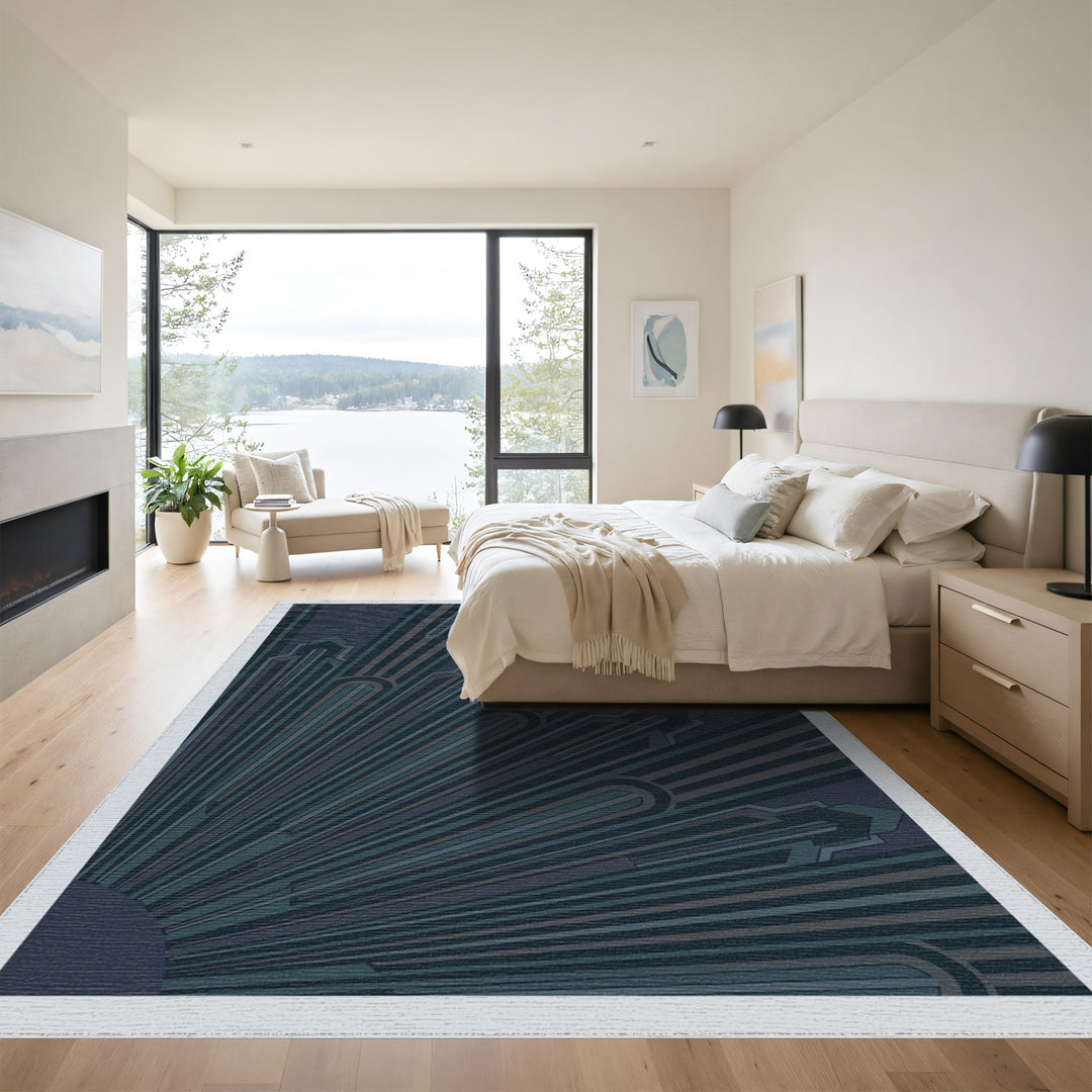 Art Deco Navy Sunburst Rays Rug