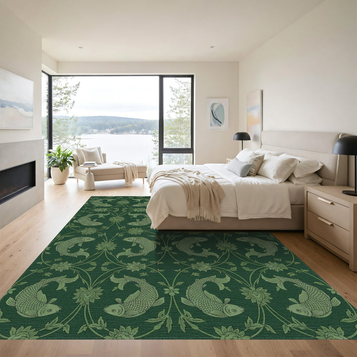 Deep Green Koi Fish Floral Swirl Rug