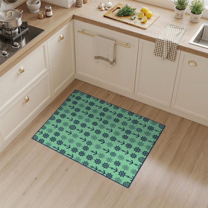 Nautical Teal Anchor Ship Wheel Area Rug