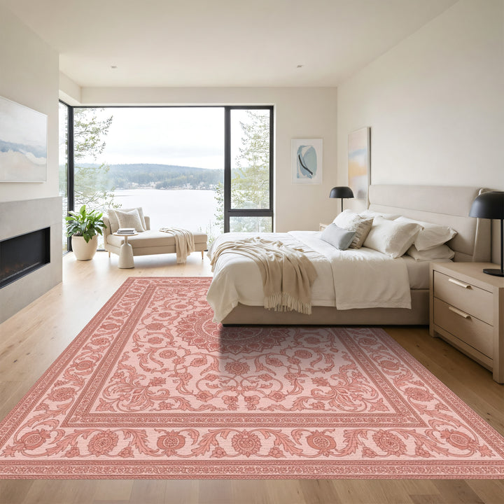 Delicate Pink Floral Mandala Border Rug