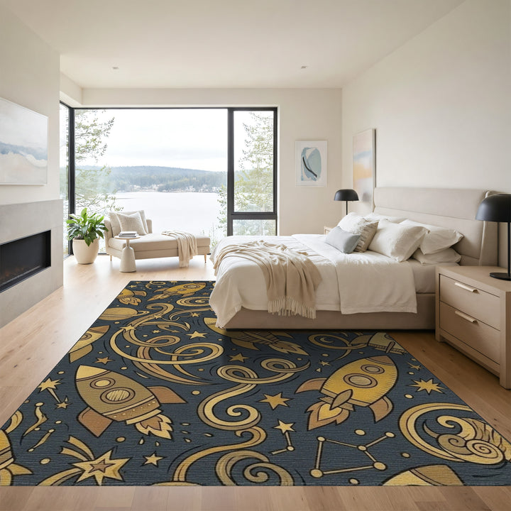 Golden Rockets Swirling Cosmic Nebula Rug