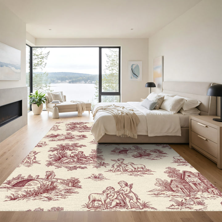 Romantic Cherubs Red Toile Scene Rug