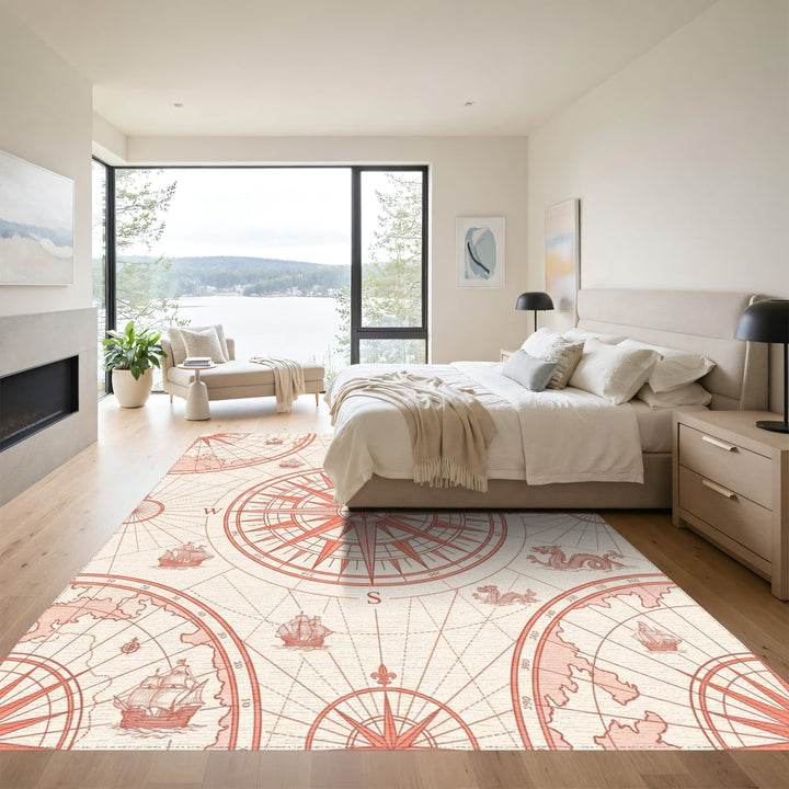 Coral Nautical Compass Ship Dragon Map Rug