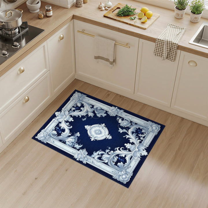 Navy Blue Floral Scrollwork Vintage Rug