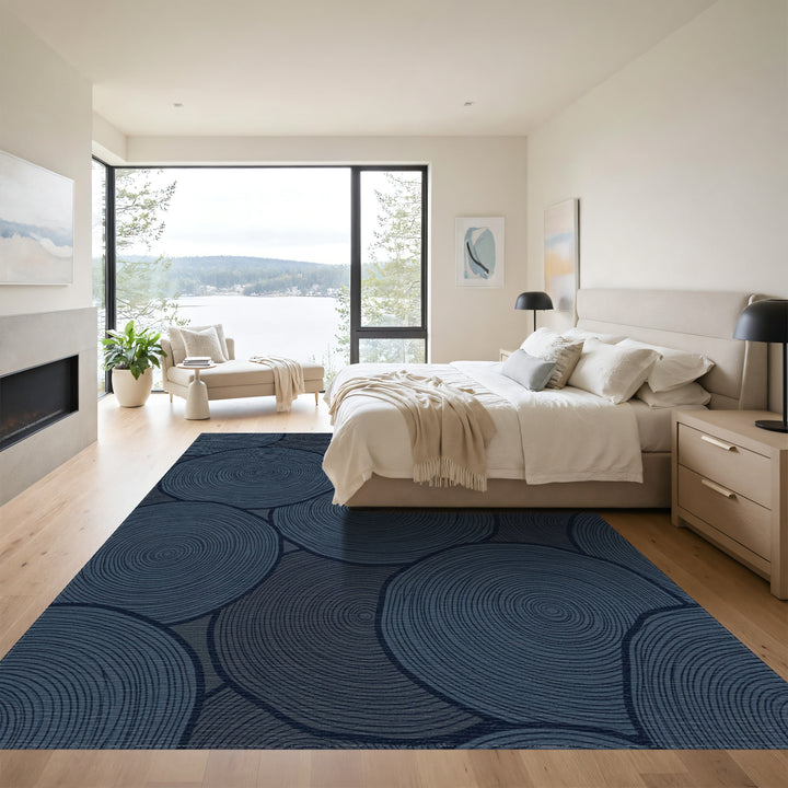 Deep Navy Wood Grain Circles Rug