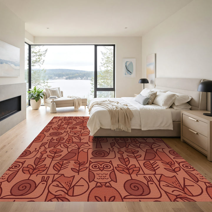 Woodland Creatures Burgundy Line Art Rug