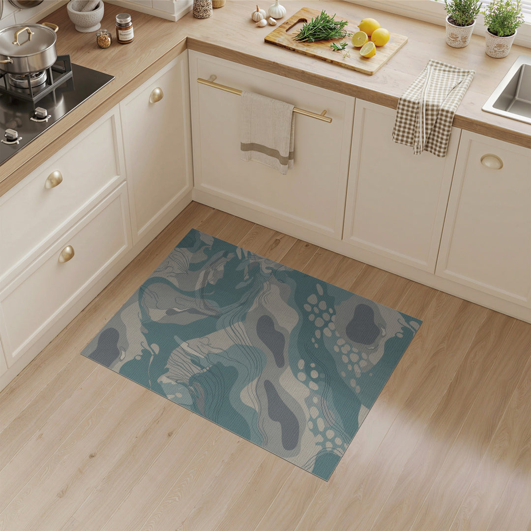 Blue Teal Abstract Flow Washable Area Rug