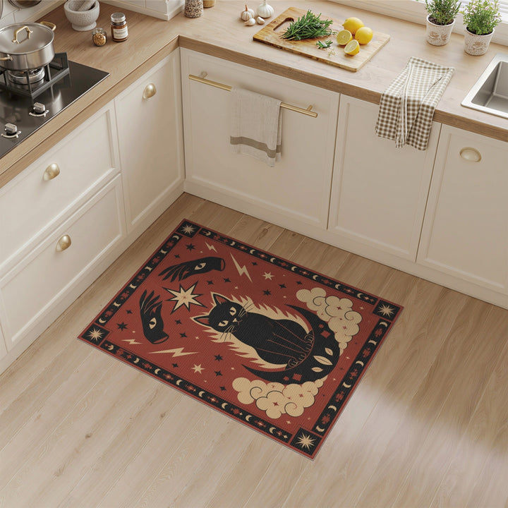 Red Mystical Black Cat Red Area Rug