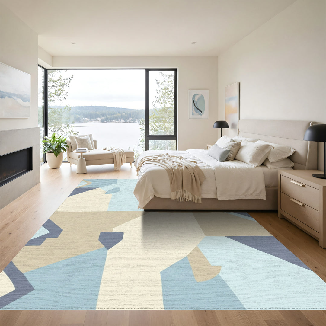 Soft Blue Tan Abstract Collage Rug