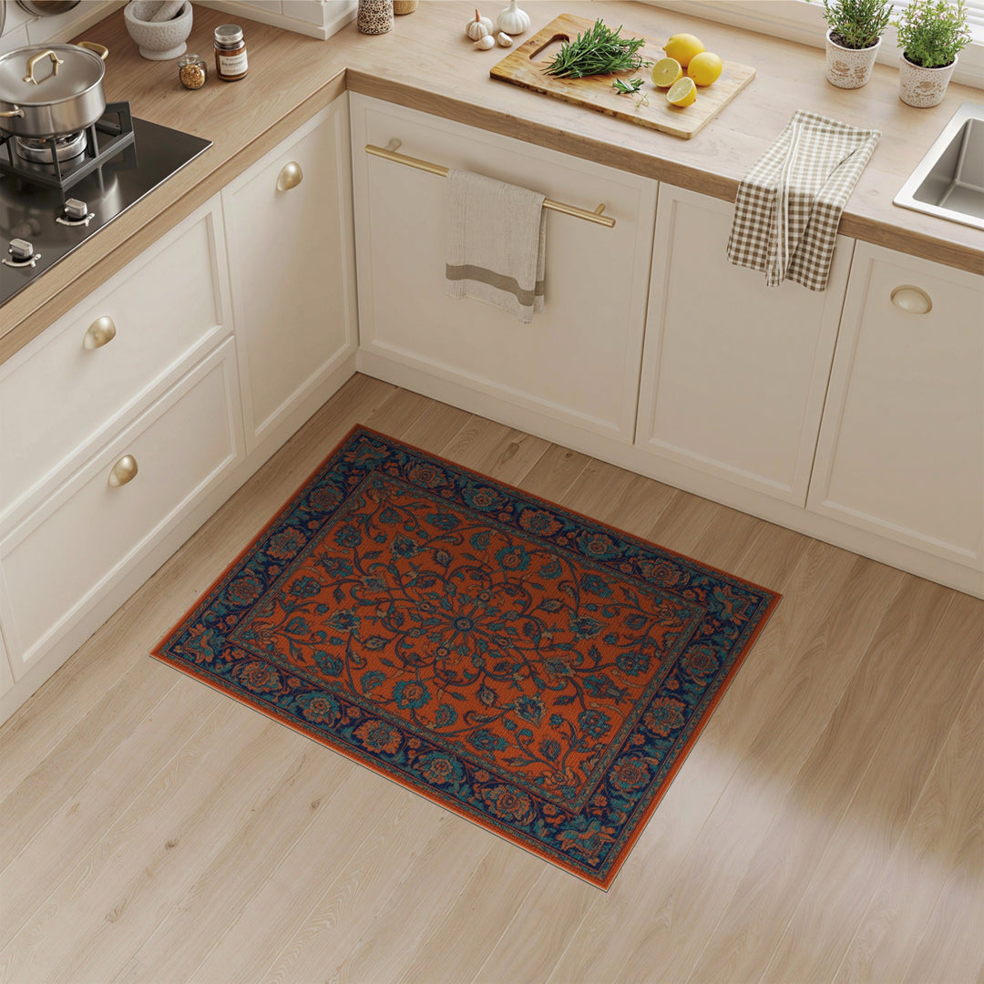 Orange Teal Persian Floral Area Rug
