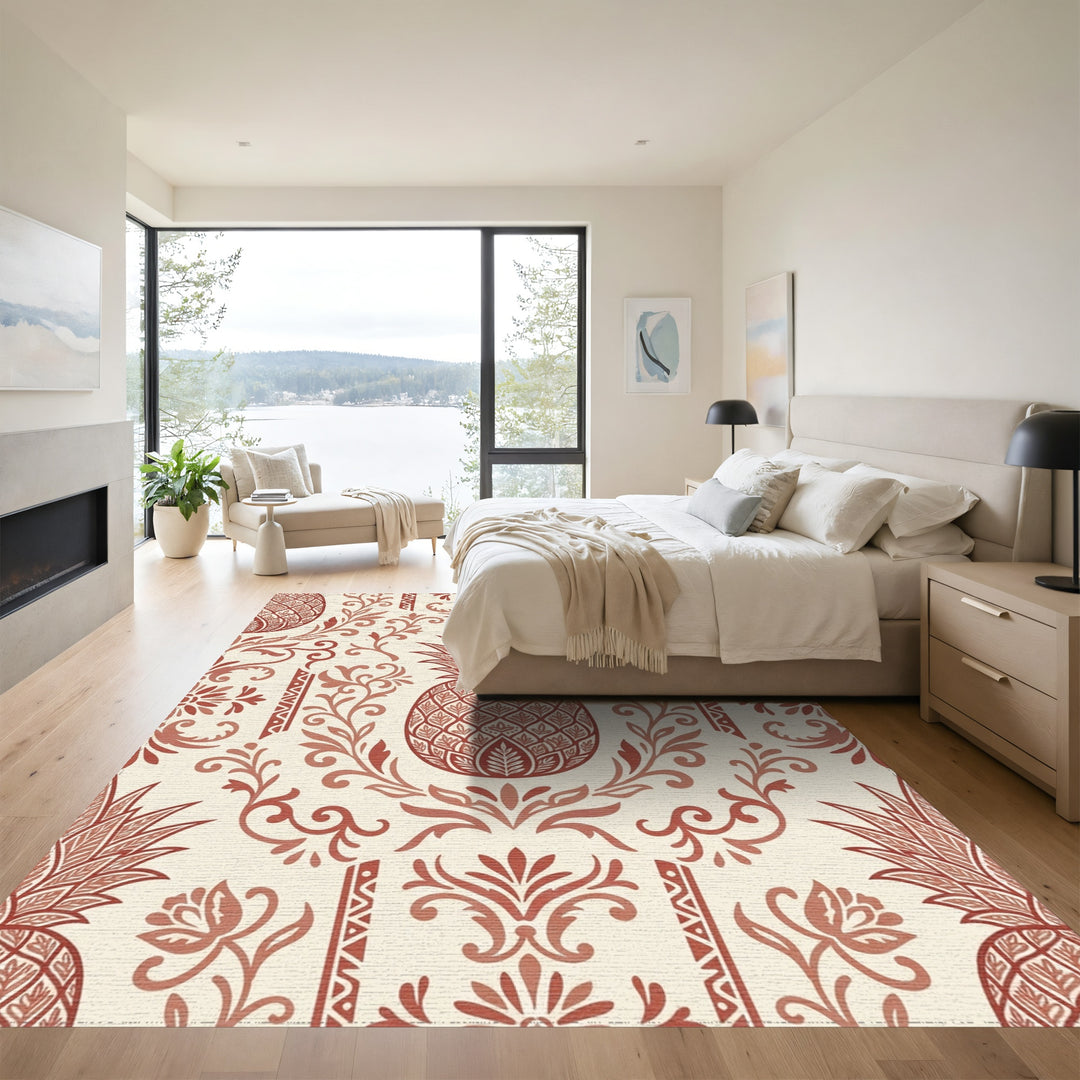Rustic Red Pineapple Floral Scroll Rug
