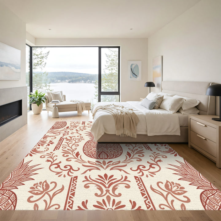 Rustic Red Pineapple Floral Scroll Rug
