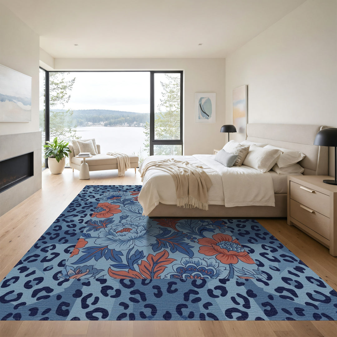 Blue Coral Floral Leopard Patchwork Rug