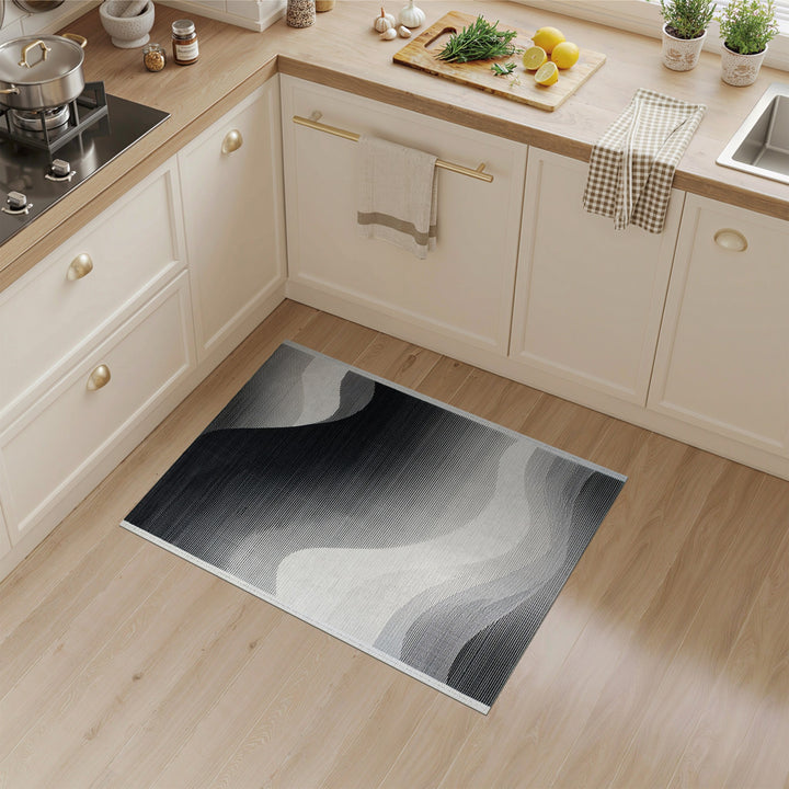 Black White Abstract Wave Area Rug