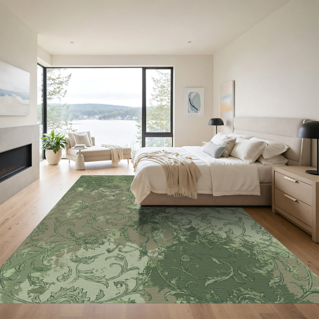 Distressed Green Floral Scroll Rug