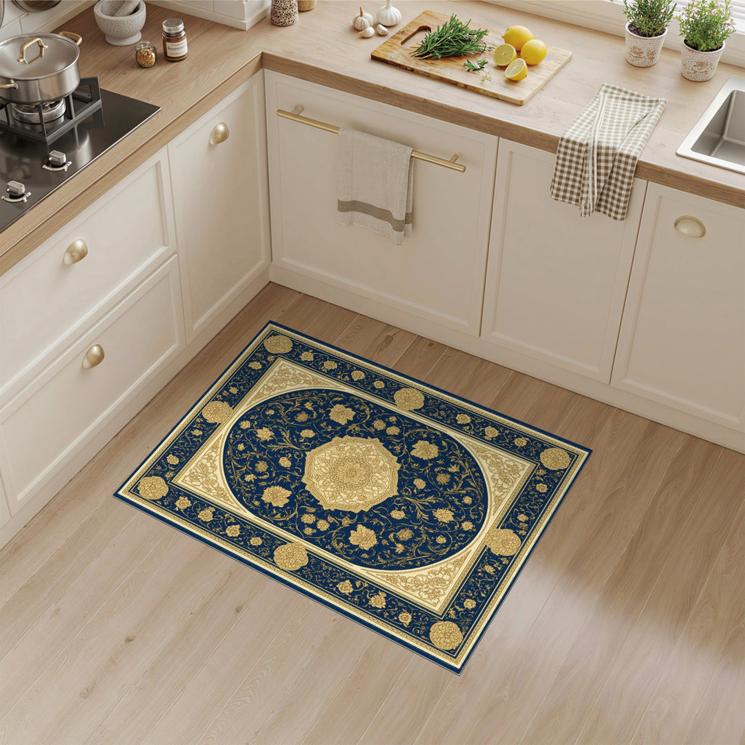 Navy Blue Gold Floral Medallion Persian Rug