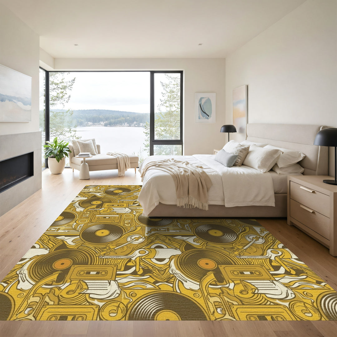 Retro Vinyl Cassette Turntable Collage Rug
