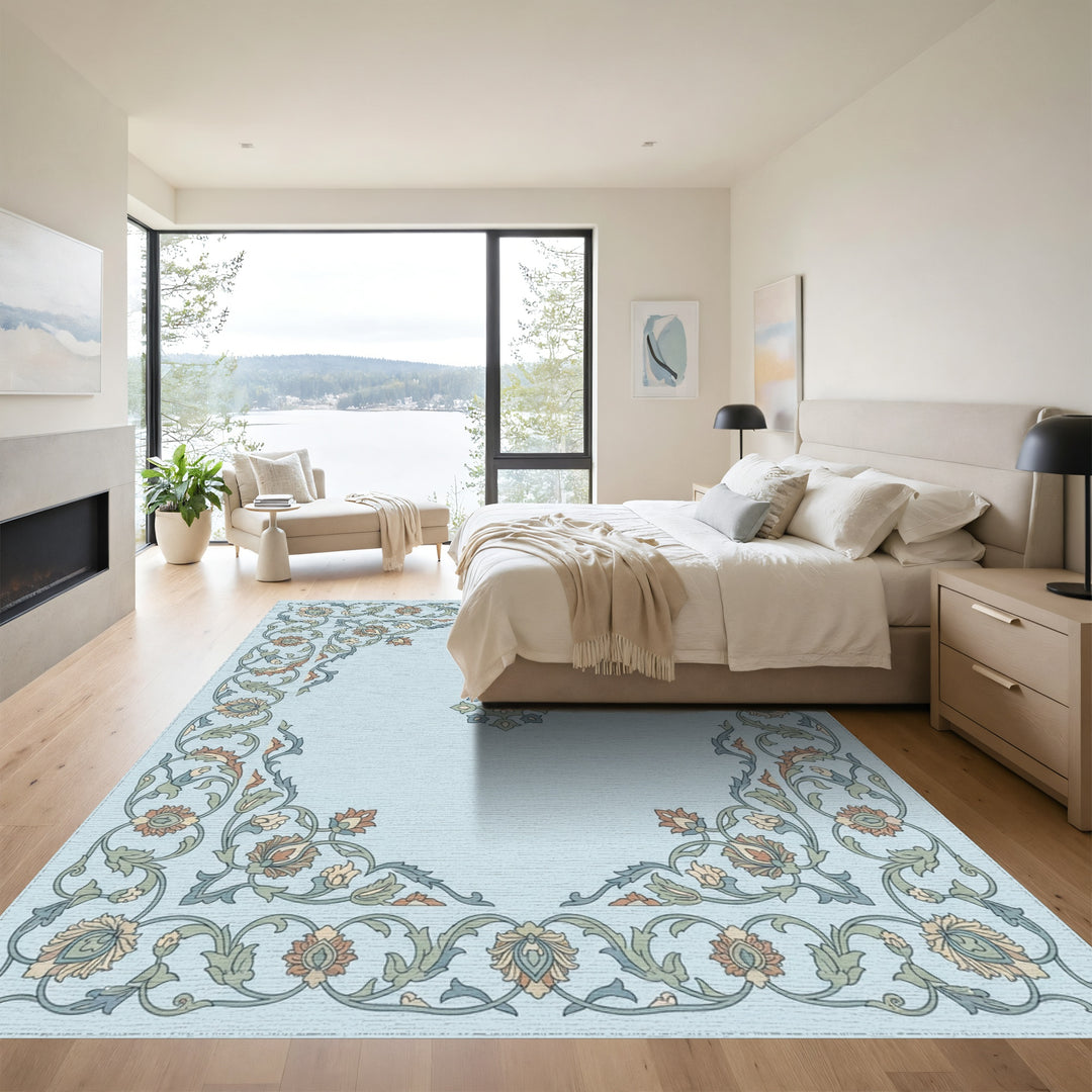 Light Blue Floral Garden Medallion Rug